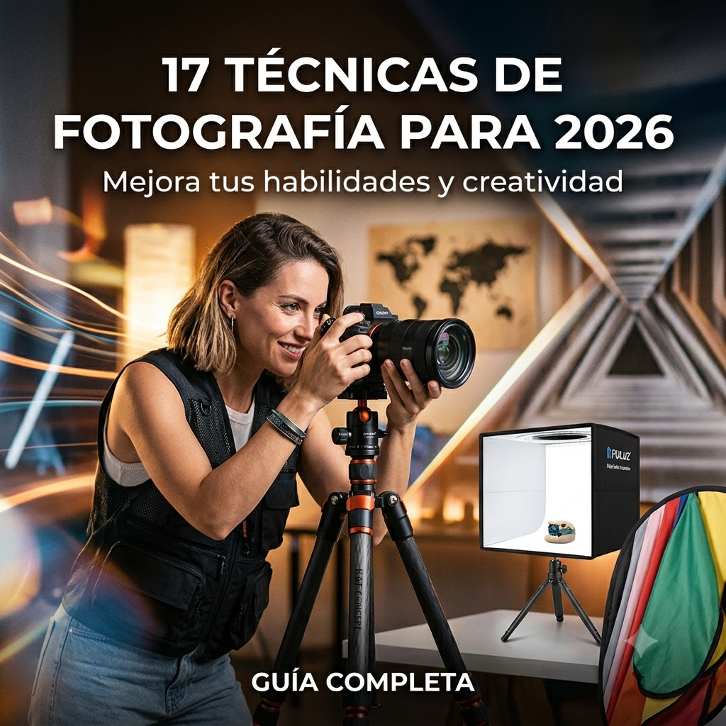 17 Mejores Técnicas de Fotografía 3 17 TÉCNICAS DE FOTOGRAFÍA PARA 2026. Mejora tus habilidades y creatividad. GUÍA COMPLETA". Muestra a una mujer utilizando una cámara profesional sobre un trípode K&F CONCEPT en un entorno creativo con estelas de luz, junto a una caja de luz PULUZ y un reflector K&F.