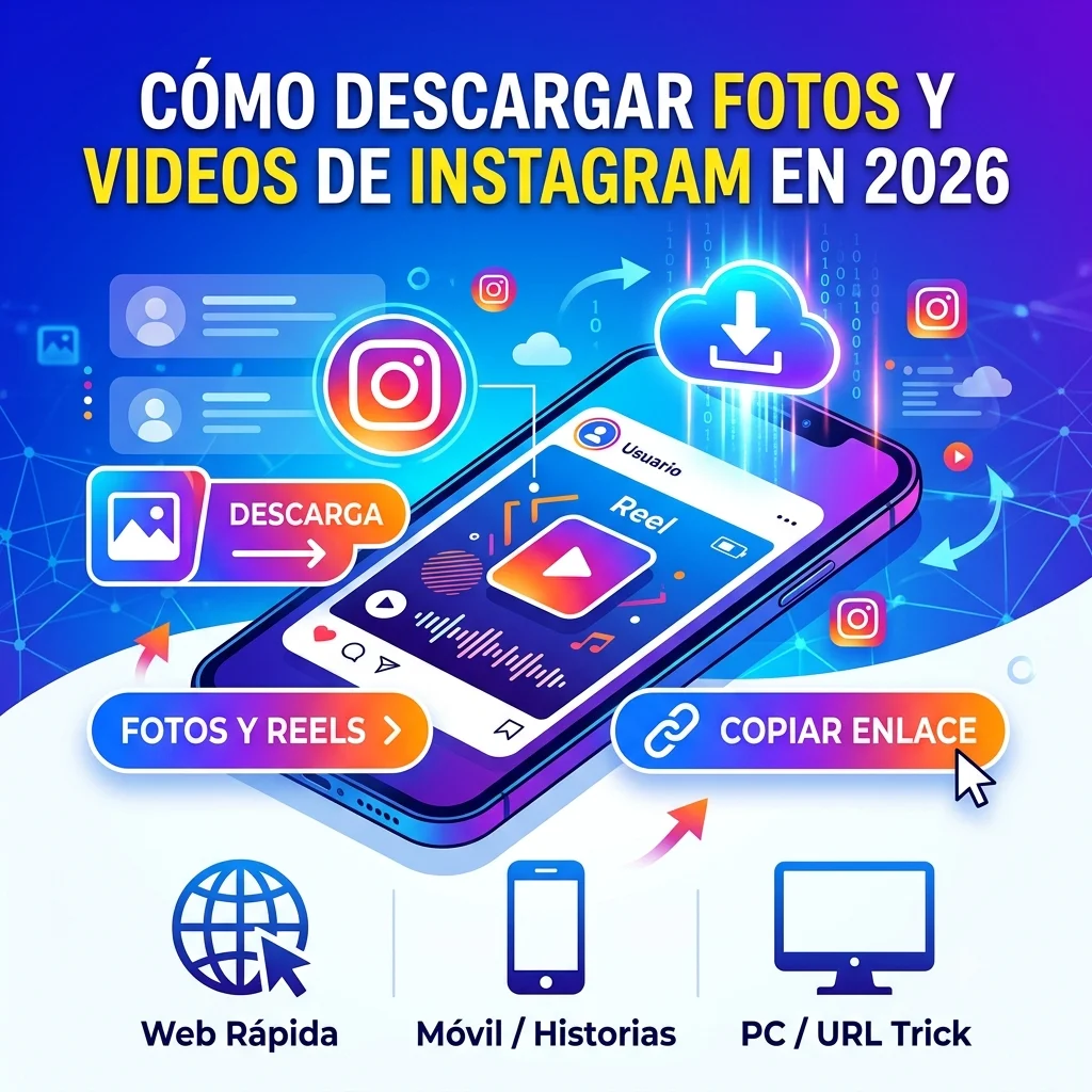 Infografía cuadrada para blog sobre cómo descargar fotos y videos de Instagram en 2026. Muestra un teléfono móvil en el centro con un Reel reproduciéndose, rodeado de iconos tecnológicos y botones tridimensionales que dicen 'Copiar enlace', 'Descarga' y 'Fotos y Reels