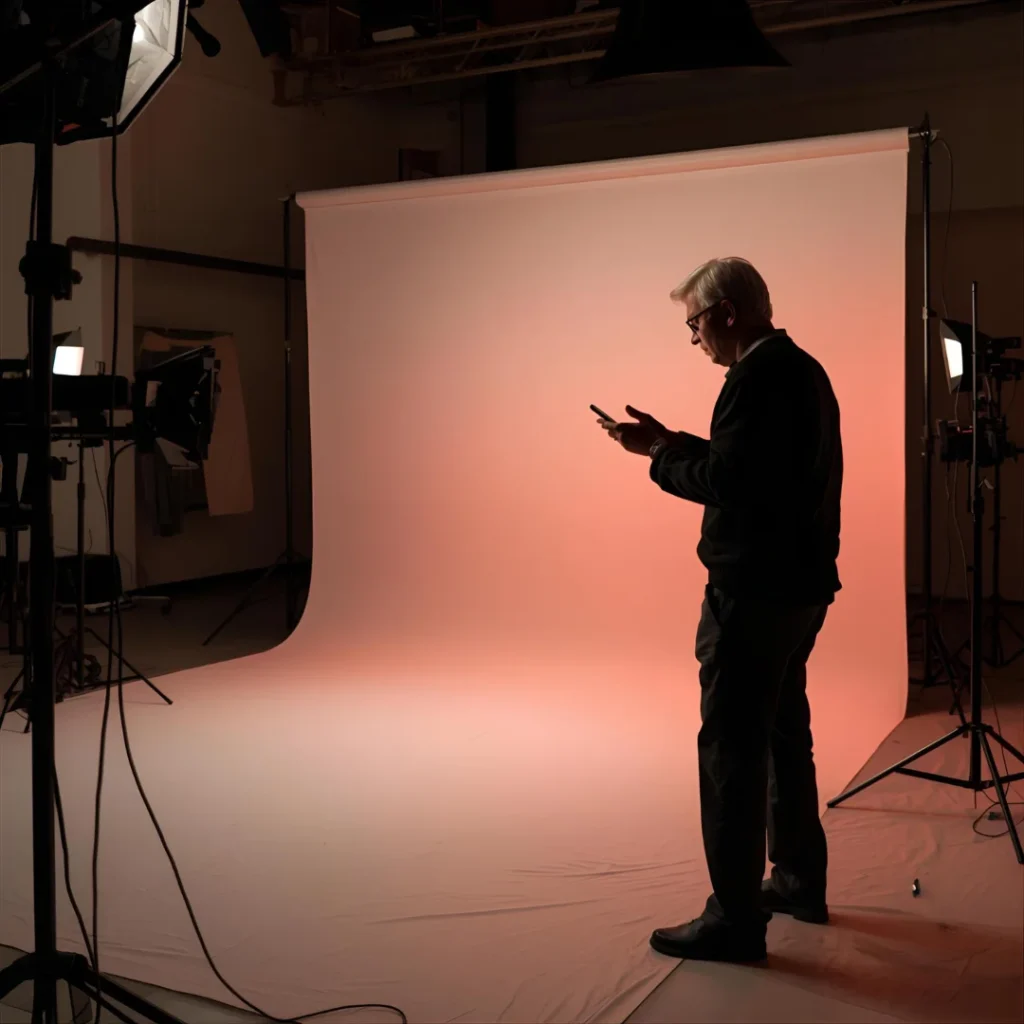 Gaffer ajustando focos de iluminación en un set de rodaje cinematográfico