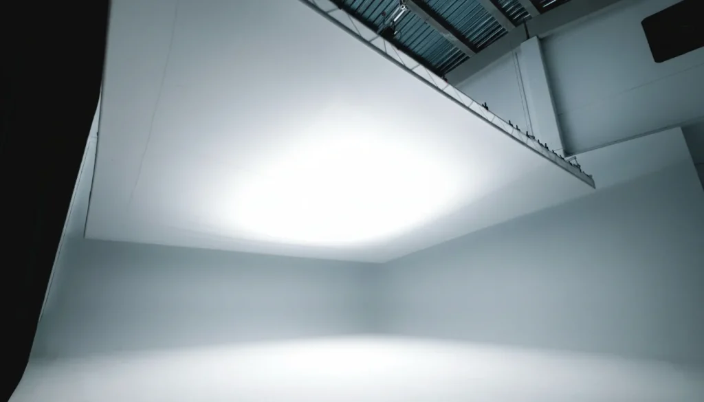 Vista en contrapicado de un ciclorama blanco profesional con una gran caja de luz cenital curva y estructura de estudio.