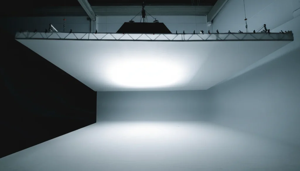 Ciclorama blanco de esquina en estudio de grabación con sistema de iluminación suspendido y fondo infinito para producciones audiovisuales.