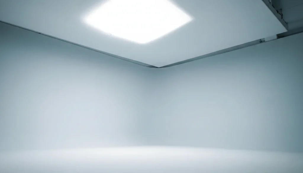 Plano general de un estudio con ciclorama blanco y luz cenital suave, ideal para fotografía de producto y sesiones de moda.