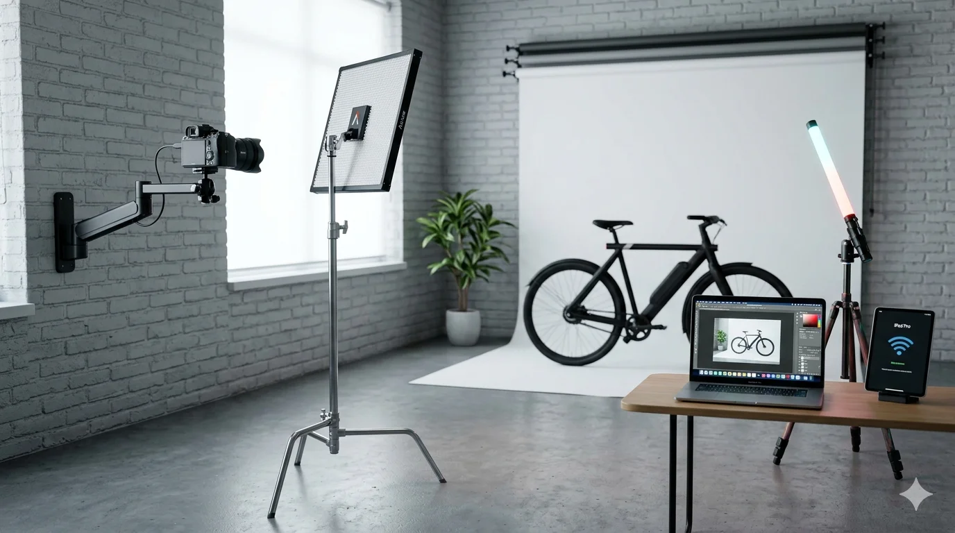 Estudio fotográfico profesional pequeño y moderno en 2026. Muestra un set compacto con iluminación LED delgada (Aputure), cámara mirrorless de alta resolución en un soporte de pared articulado, fondo blanco motorizado y una estación de trabajo híbrida con MacBook Pro. El ambiente es minimalista, organizado y libre de cables (wireless tethering), optimizando un espacio reducido de 15m² para fotografía y vídeo de producto.