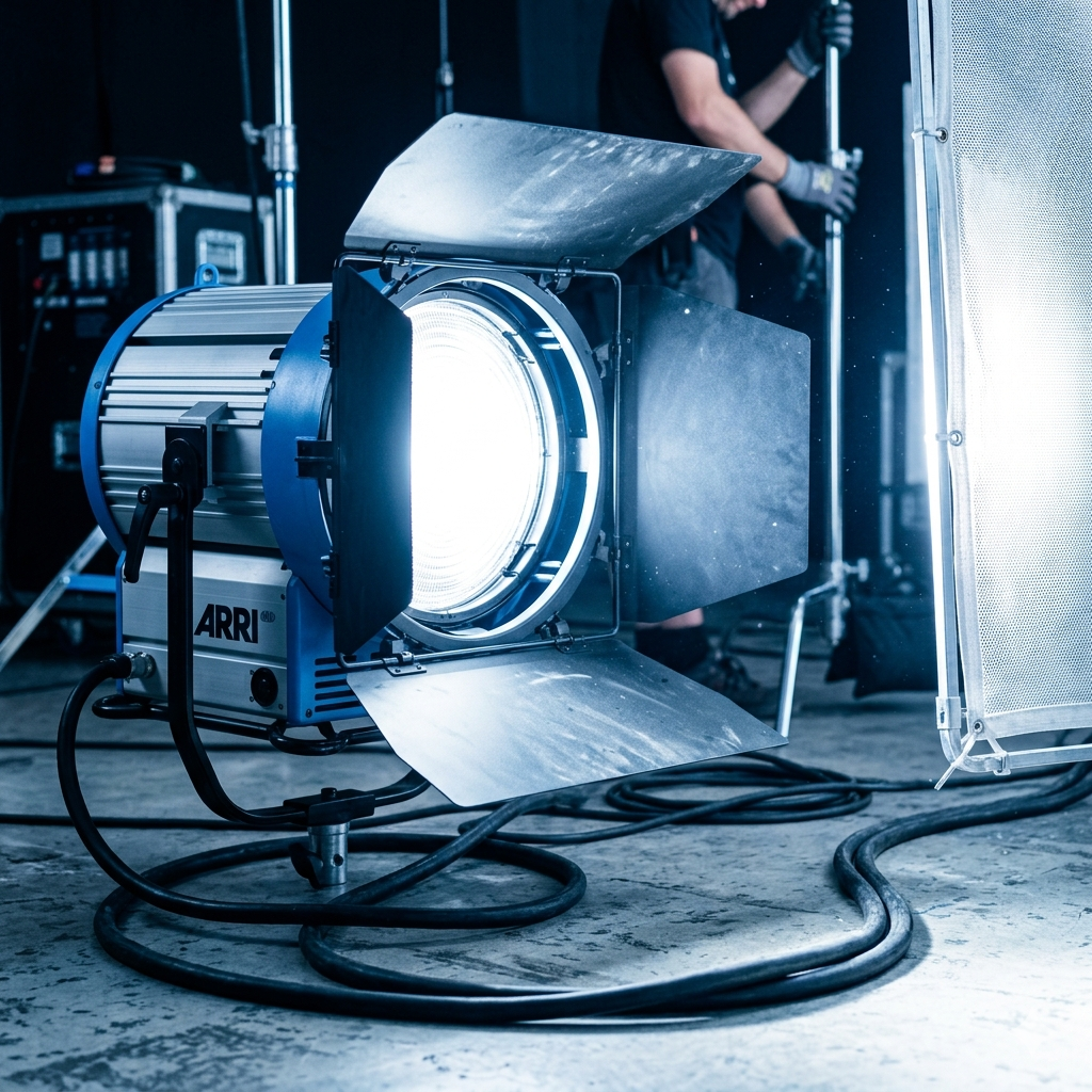 Una potente luz HMI profesional de la marca ARRI encendida en un set de rodaje, con sus viseras abiertas y cables por el suelo. Un técnico de iluminación ajusta un soporte de fondo mientras una luz difusa entra por la derecha. La imagen evoca la potencia y el ambiente industrial de la iluminación HMI tradicional en el cine.