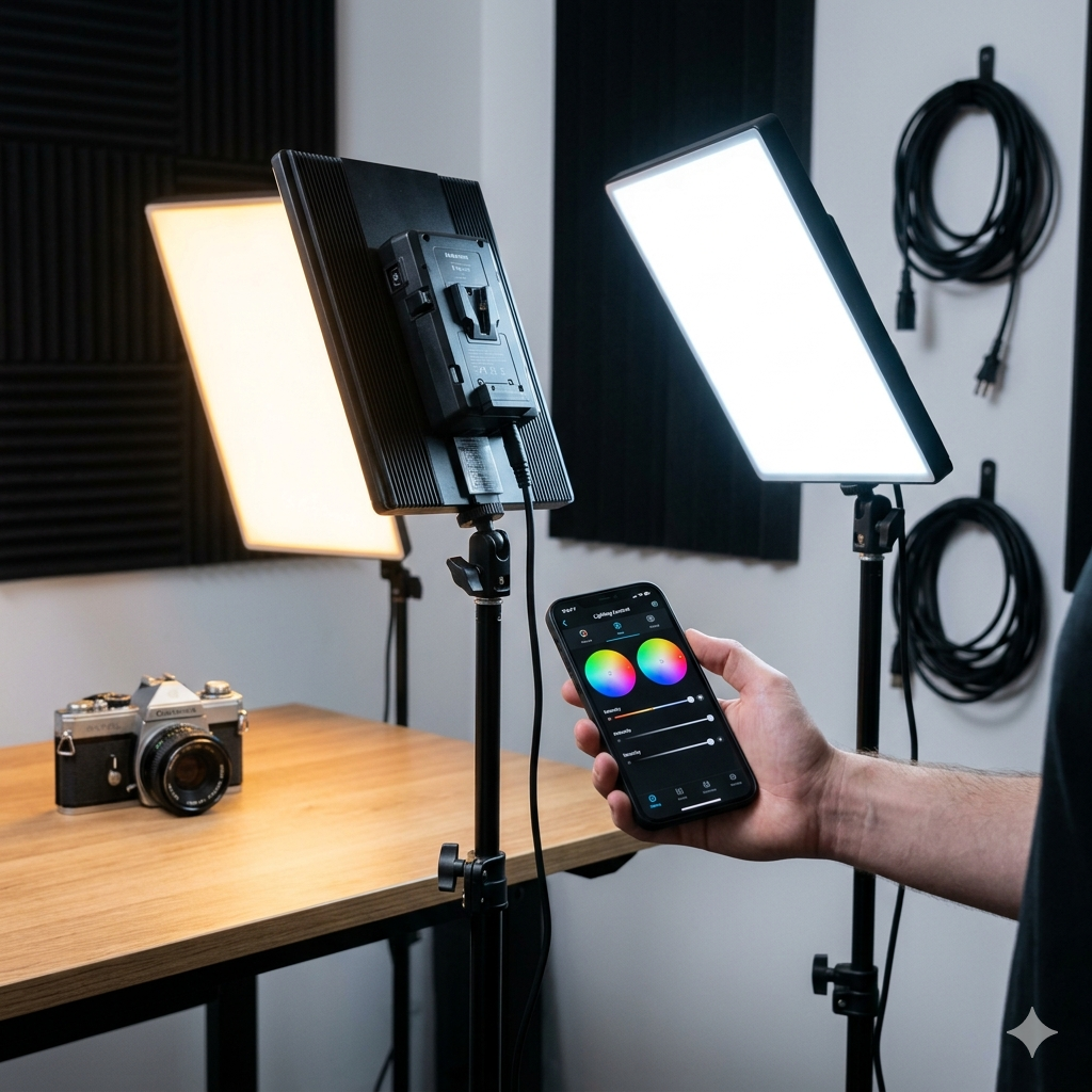 Dos paneles LED profesionales sobre soportes en un estudio moderno. Un panel emite una luz cálida y el otro una luz fría, mostrando la capacidad bicolor. En primer plano, una mano sostiene un smartphone con una aplicación para controlar de forma remota el color y la intensidad. El fondo es un espacio de trabajo organizado con una cámara vintage sobre una mesa de madera y cables ordenados en la pared.