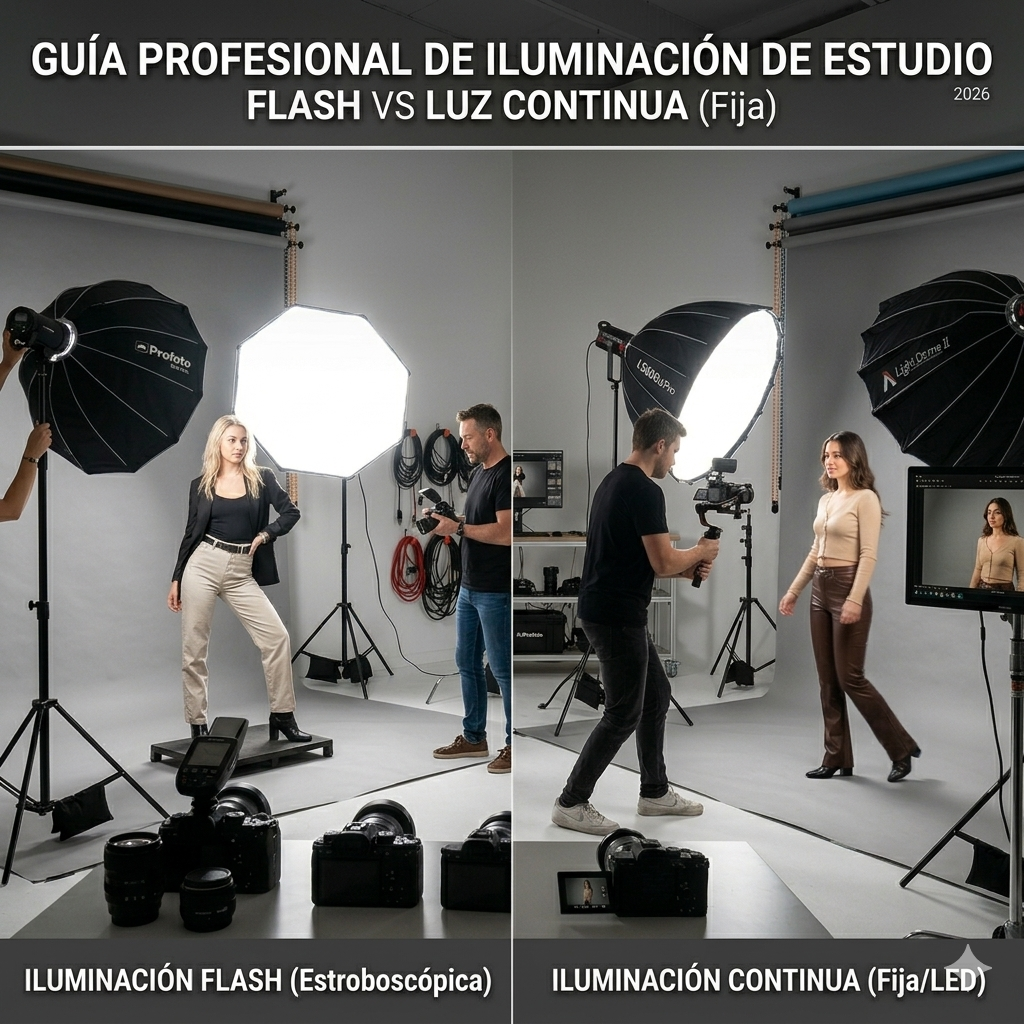 Set de iluminación profesional con equipos de flash estroboscópico y paneles LED para estudio fotográfico.