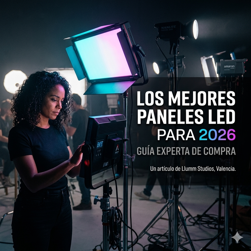 Los mejores paneles LED profesionales de 2026 2 Técnico de Llumm Studios ajustando la temperatura de color de un panel LED profesional en set de rodaje.