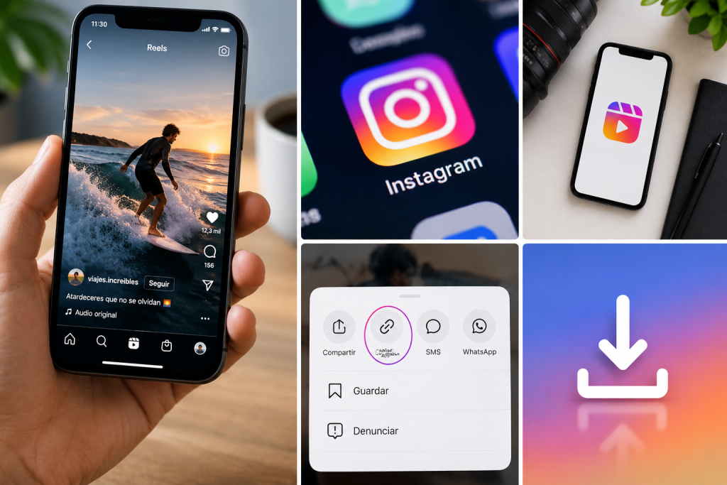 Pasos para descargar Reels de Instagram desde un móvil copiando el enlace del vídeo.