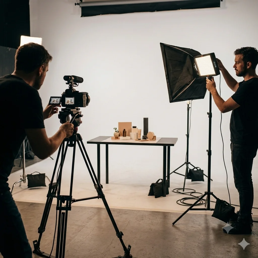Esquema de iluminación de tres puntos en un set de rodaje profesional con cámara de cine, luz principal suave, luz de relleno y contraluz.