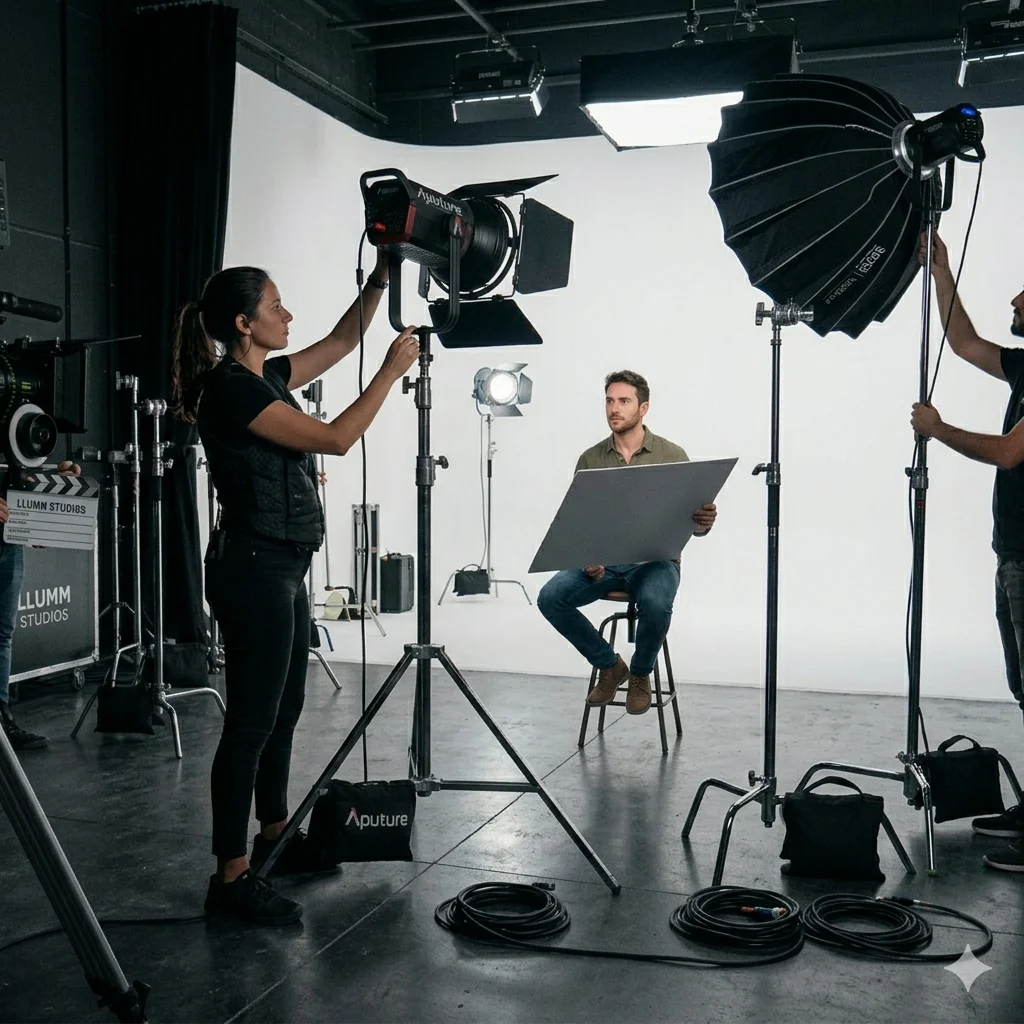 Equipo de rodaje profesional en España configurando un set de iluminación cinematográfica avanzado en un plató con ciclorama, cámara de cine y personal técnico.