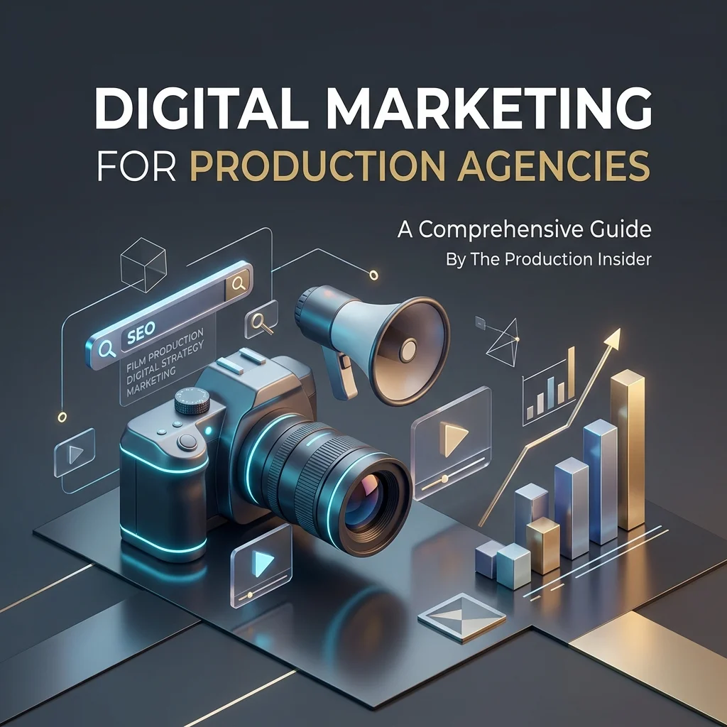 Marketing Digital para Productoras: Guía y SEO B2B 2 Ilustración 3D de elementos de marketing digital y producción audiovisual: cámara de cine, megáfono, barra de SEO y gráficos de crecimiento sobre fondo oscuro.